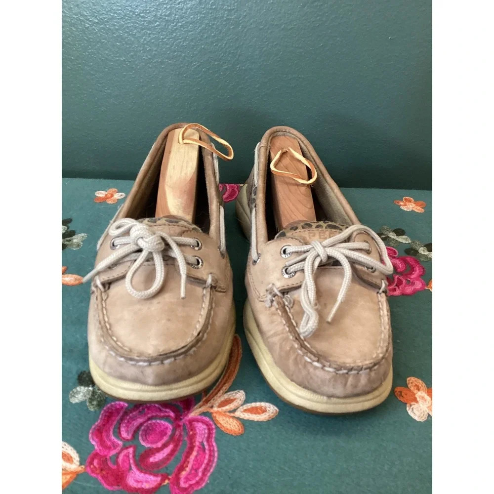 Sperry Top Sider Women's Boat Shoes Leopard‎ Print Tan Leather Size 6.5 M